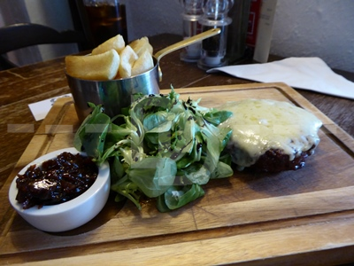 Burger for main course at the Pyne Arms, East Down