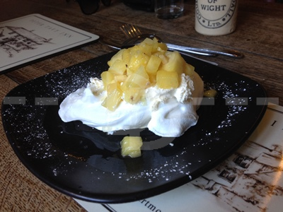 Pineapple and ginger pavlova for dessert at the Peter Tavy Inn, Dartmoor