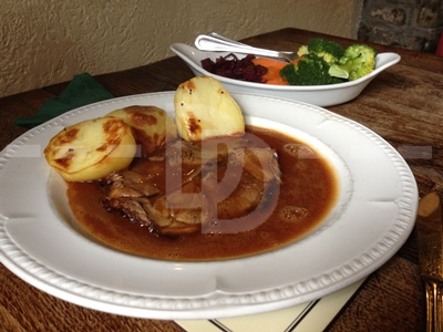 Roast beef for main course at the Peter Tavy Inn, Dartmoor