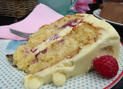 Raspberry and white chocolate cake for afternoon tea at Tea on the Green, Westward Ho!