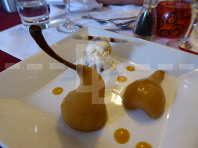Poached pear in Cornish cider for dessert at The Riverside Hotel, Boscastle